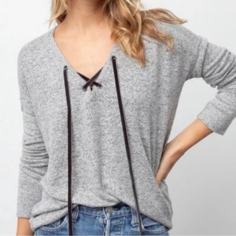 Rails Leigh Heathered Gray Lace-Up Ls Plush Knit … - image 1